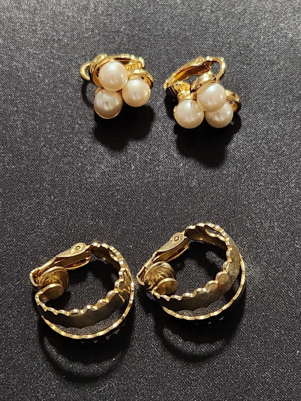Vintage Gold Tone Clip On Earrings Lot Pearl Clusters Wide Textured Hoops